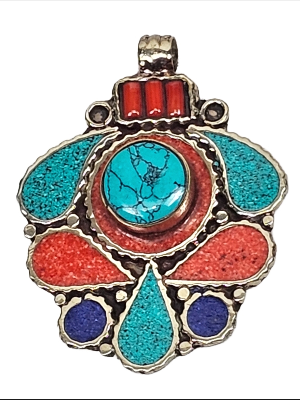 New Boho Tibetan Style 925 Stamped Mosaic Pendant Faux Turquoise Coral Jewelry